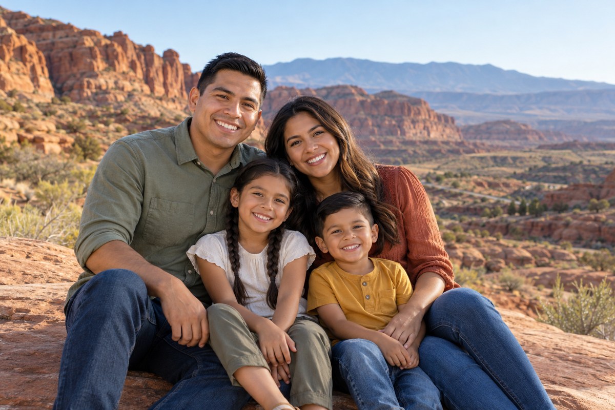 A smiling family enjoying Southern Utah red-rock scenery near St. George