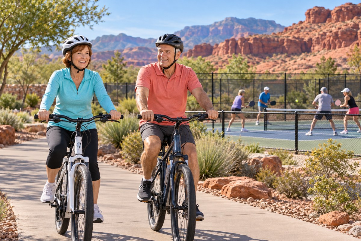 A senior couple riding bicycles beside an active pickleball court in Southern Utah